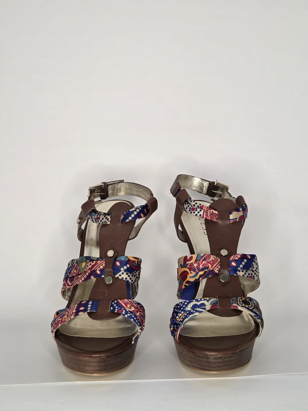 GUESS Kaedi Brown Leather Multi Floral Fabric Platform Sandals Heels